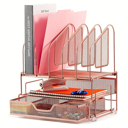 Enhanced Mesh Metal Desk Organizer With Drawer, Versatile File Organizer.