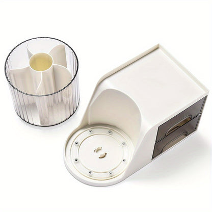 Rotating Desk Organizer with 2 Drawer, Pencil Pen Holder for Desk, Desk Organizers and Accessories with 4 Compartments + Drawer for Office Home Art Supplies