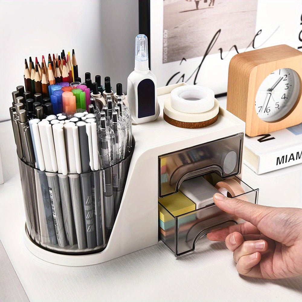 Rotating Desk Organizer with 2 Drawer, Pencil Pen Holder for Desk, Desk Organizers and Accessories with 4 Compartments + Drawer for Office Home Art Supplies