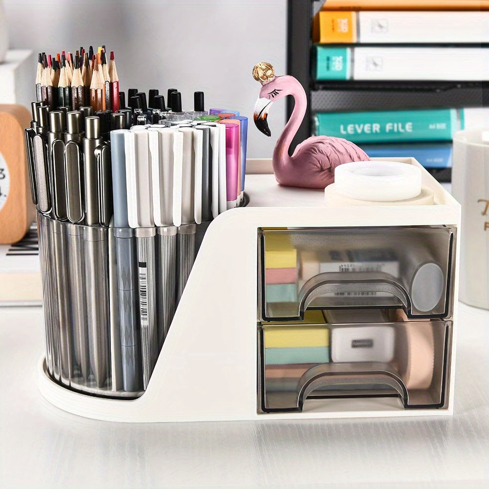 Rotating Desk Organizer with 2 Drawer, Pencil Pen Holder for Desk, Desk Organizers and Accessories with 4 Compartments + Drawer for Office Home Art Supplies