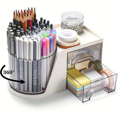Rotating Desk Organizer with 2 Drawer, Pencil Pen Holder for Desk, Desk Organizers and Accessories with 4 Compartments + Drawer for Office Home Art Supplies