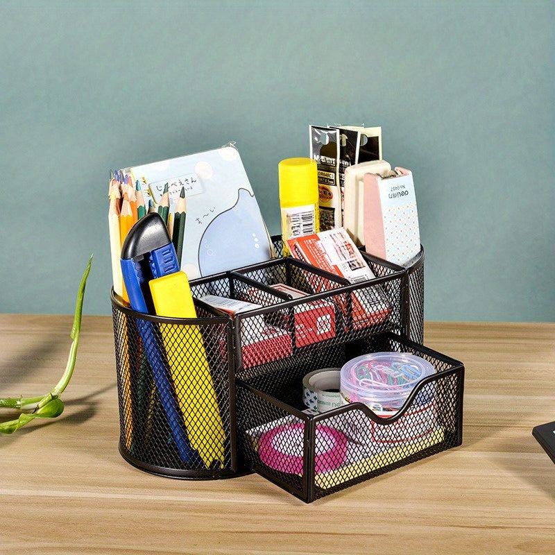 Multi-Functional Mesh Desk Organizer With Drawer - Office Pen And Pencil Holder