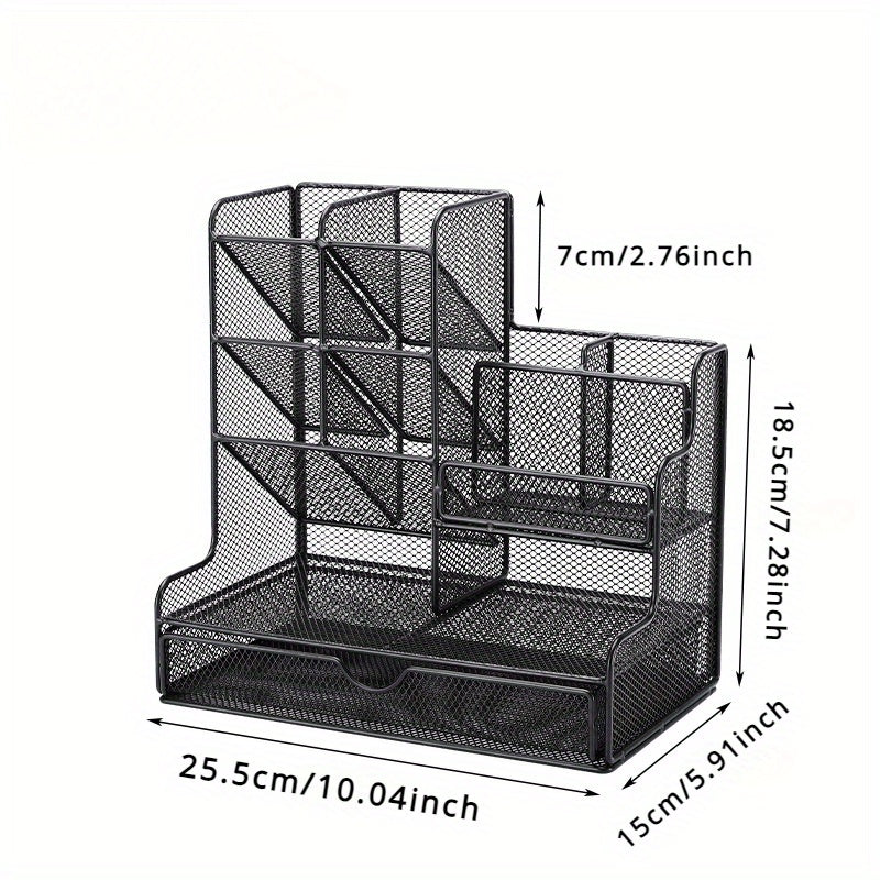 Multi-Functional Mesh Desk Organizer With Drawer - Office Pen And Pencil Holder