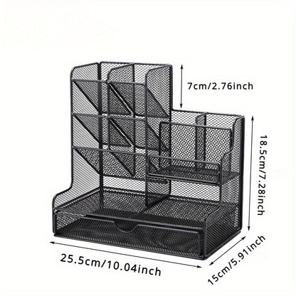 Multi-Functional Mesh Desk Organizer With Drawer - Office Pen And Pencil Holder