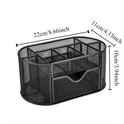 Multi-Functional Mesh Desk Organizer With Drawer - Office Pen And Pencil Holder