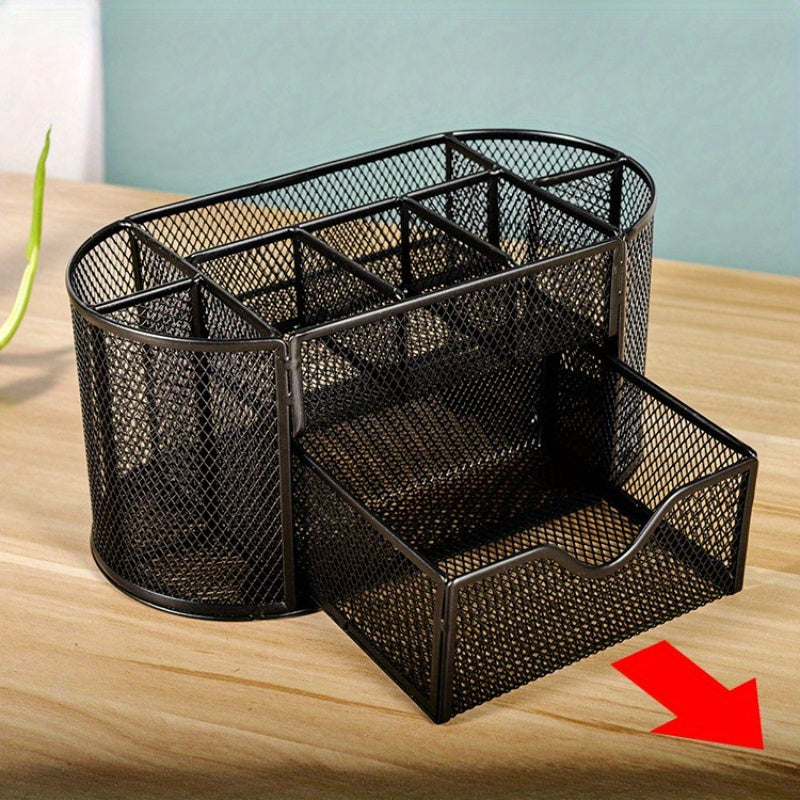 Multi-Functional Mesh Desk Organizer With Drawer - Office Pen And Pencil Holder