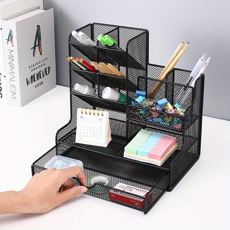 Multi-Functional Mesh Desk Organizer With Drawer - Office Pen And Pencil Holder