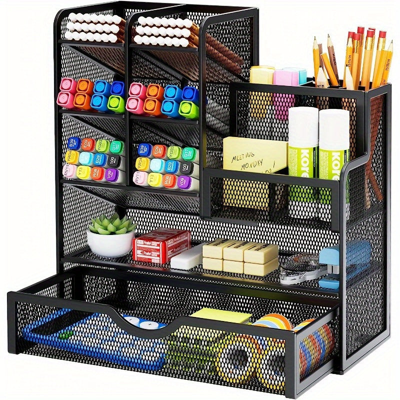 Multi-Functional Mesh Desk Organizer With Drawer - Office Pen And Pencil Holder