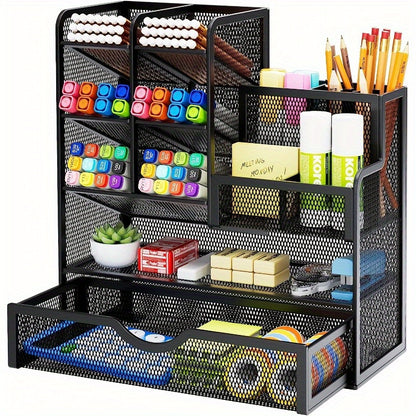 Multi-Functional Mesh Desk Organizer With Drawer - Office Pen And Pencil Holder