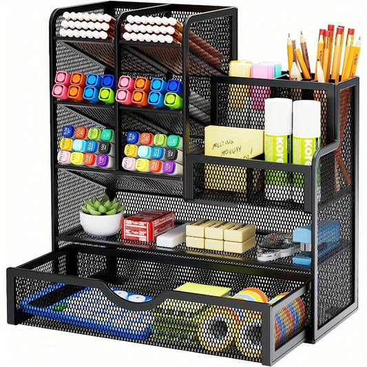 Multi-Functional Mesh Desk Organizer With Drawer - Office Pen And Pencil Holder
