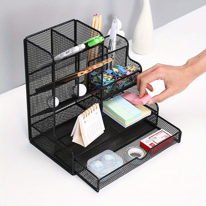 Multi-Functional Mesh Desk Organizer With Drawer - Office Pen And Pencil Holder