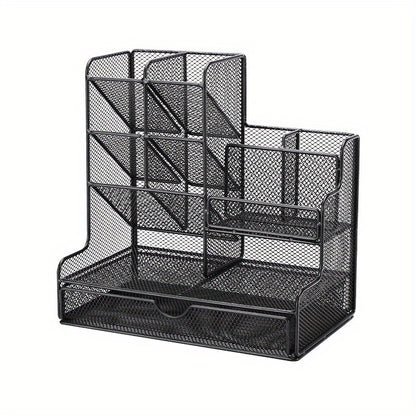 Multi-Functional Mesh Desk Organizer With Drawer - Office Pen And Pencil Holder