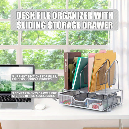 Enhanced Mesh Metal Desk Organizer With Drawer, Versatile File Organizer.