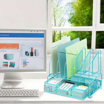 Enhanced Mesh Metal Desk Organizer With Drawer, Versatile File Organizer.