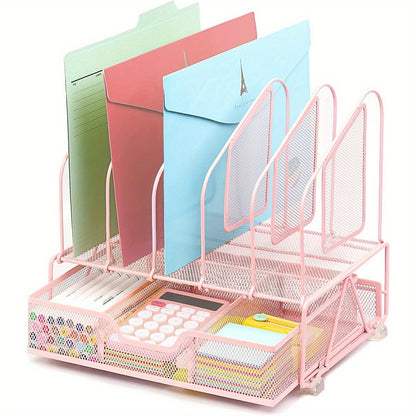 Enhanced Mesh Metal Desk Organizer With Drawer, Versatile File Organizer.