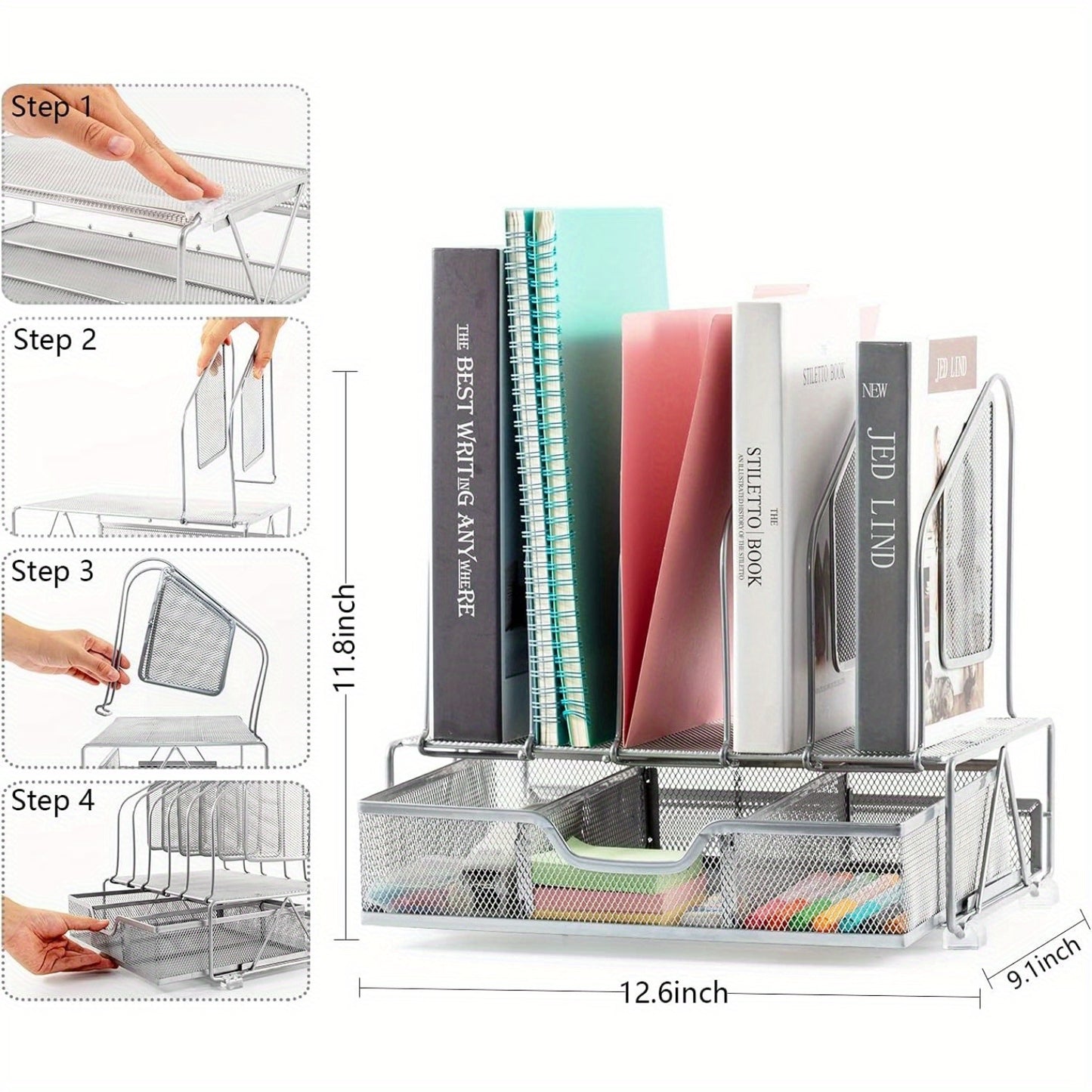Enhanced Mesh Metal Desk Organizer With Drawer, Versatile File Organizer.