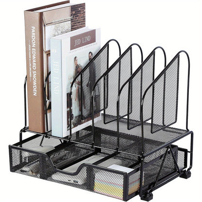 Enhanced Mesh Metal Desk Organizer With Drawer, Versatile File Organizer.
