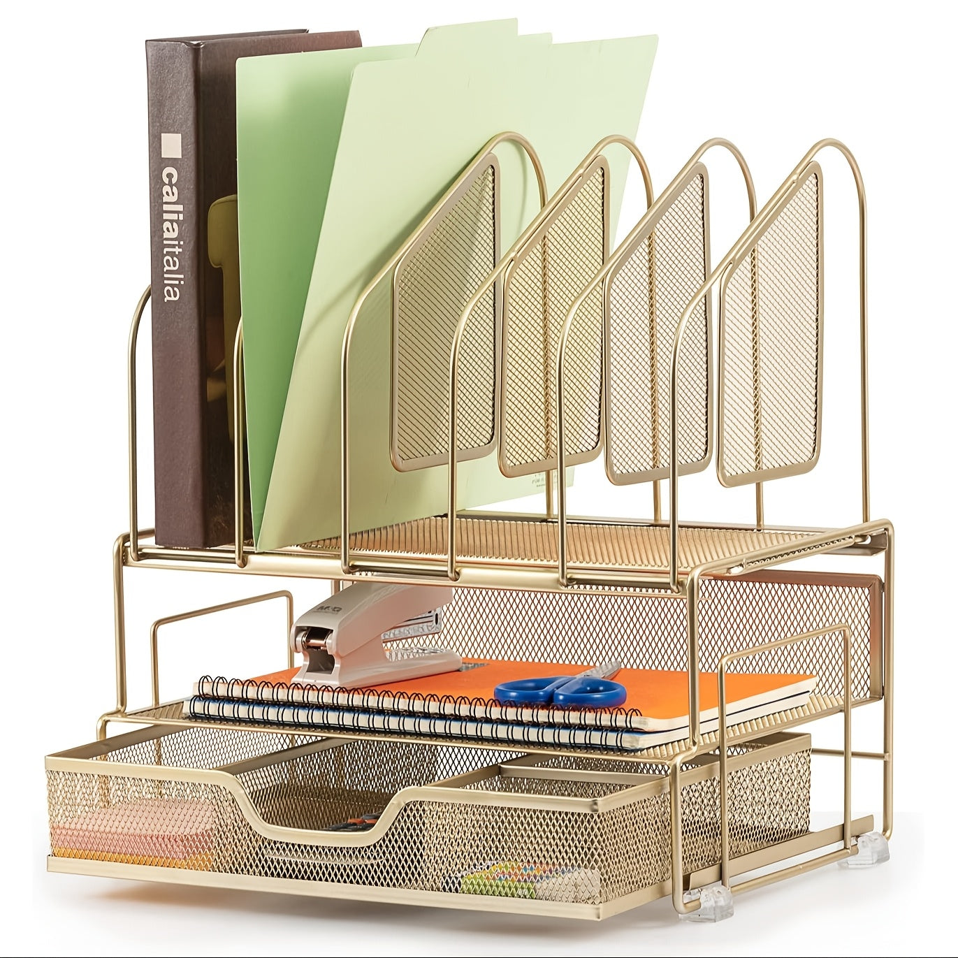 Enhanced Mesh Metal Desk Organizer With Drawer, Versatile File Organizer.