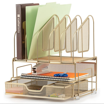 Enhanced Mesh Metal Desk Organizer With Drawer, Versatile File Organizer.