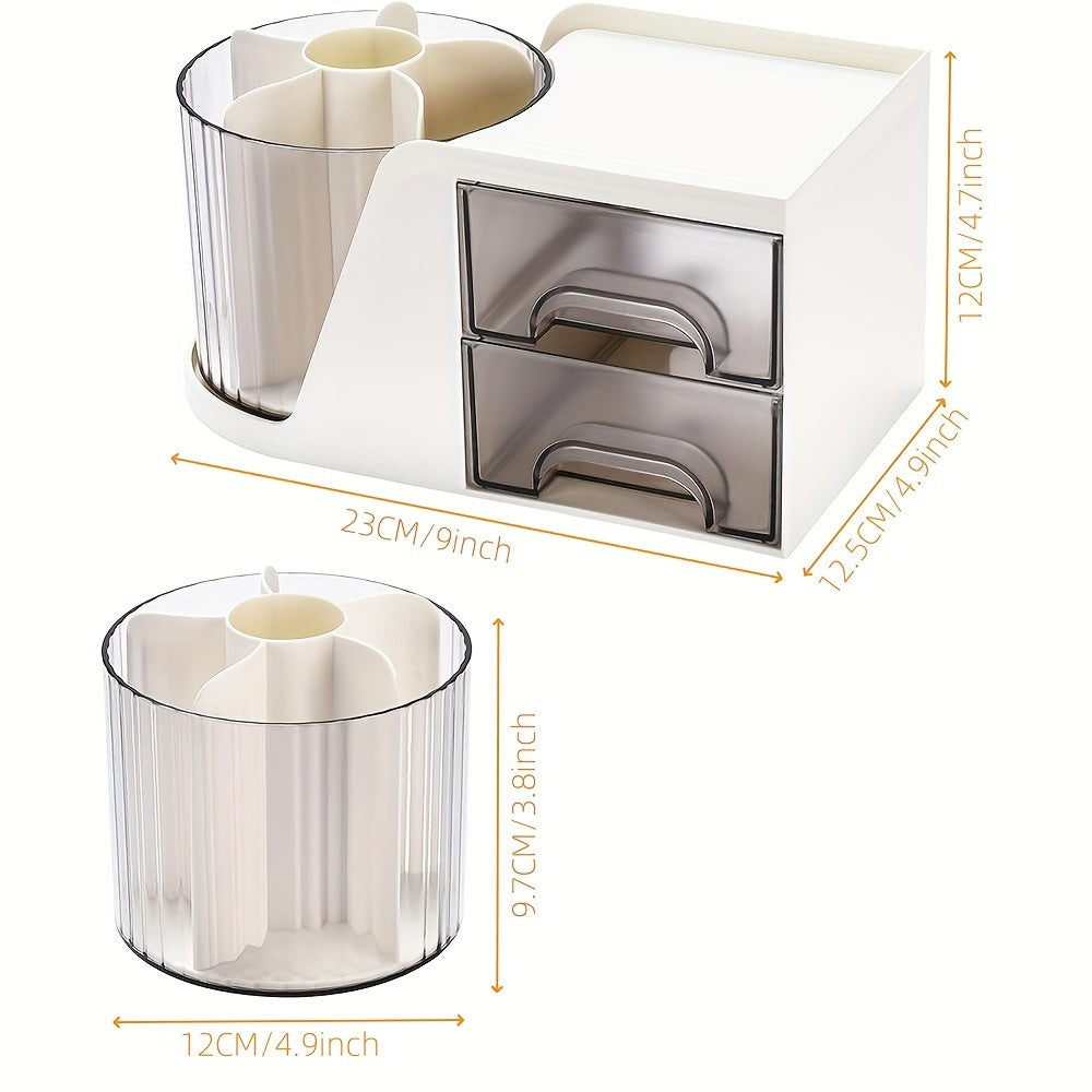 Rotating Desk Organizer with 2 Drawer, Pencil Pen Holder for Desk, Desk Organizers and Accessories with 4 Compartments + Drawer for Office Home Art Supplies